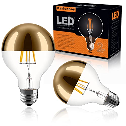 KarlunKoy Half Chrome Light Bulb,6W (60W Equivalent) Dimmable LED Edison Bulbs,G80/G25 Globe Shape Decorative,Half Gold Reflected Light,2700K Soft White E26 Base Pack of 2