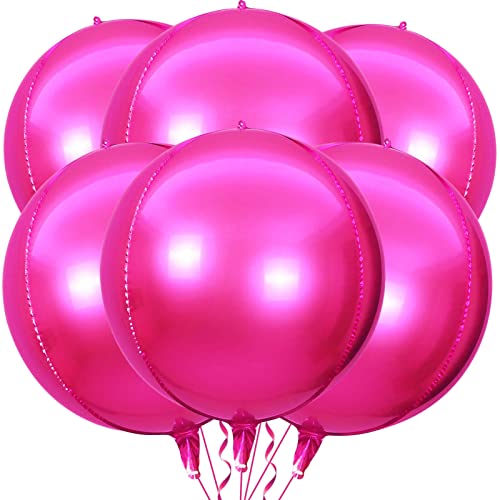 6 Pack Hot Pink 22 Inch 4D Foil Balloons Big 360 Degree Round Sephere Mylar Balloons Mirror Finish Metallic Balloons for Wedding,Birthday,Bachelorette,Baby Shower Decorations Party Supplies
