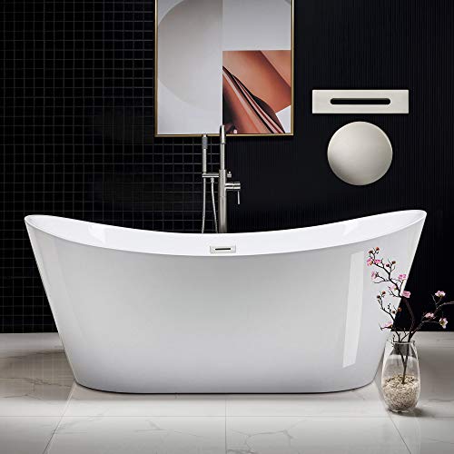 WOODBRIDGE 71"Freestanding White Acylic Soaking Bathtub with Brushed Nickel Drain and Overflow,B0017-BN
