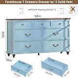 Joaxswe Farmhouse 54" 7 Drawers Dresser for Bedroom, Wide Wood Chest of Drawers w/ 4 Wooden Legs, Vintage Large Storage Dressers Organizer for Hallway, Rustic TV Stand for Living Room, Light Blue