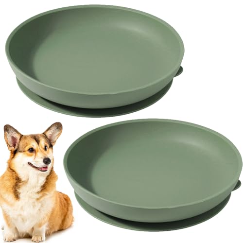 Apatal Silicone Dog Bowl Set of 2-7.7in No Spill Puppy Food and Water Dish Less Mess Cat Plates with Suction Cup Non-Tippable Feeding Bowls for Small & Medium-Sized Pets (Round Green)