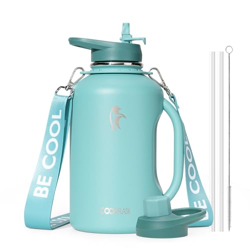 Coolflask Half Gallon Water Bottle Insulated, 64 oz Insulated Stainless Steel Water Jug Metal Double-Walled Vacuum Large Flask With Strap Straw Leakproof, Keep Cold 48 Hrs Hot 24hrs, Green
