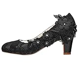 Emily Bridal 1505-1B Women's Wedding Shoes Closed Toe 2.56 Inches Chunky Heel Lace Satin Pumps with Rhinestone Lace Flower Bridal Shoes (EU40/9 B(M) US, Black)