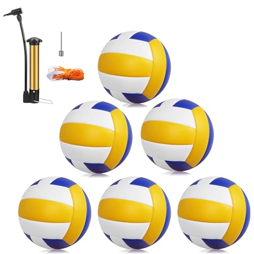 Magicorange Volleyball, 6 Pack Official Size 5 Volleyballs- PU Leather Indoor Outdoor Soft Touch Recreational Volleyballs for Beach Play, Game,Gym,Training -Includes Ball Pump (Blue Yellow)