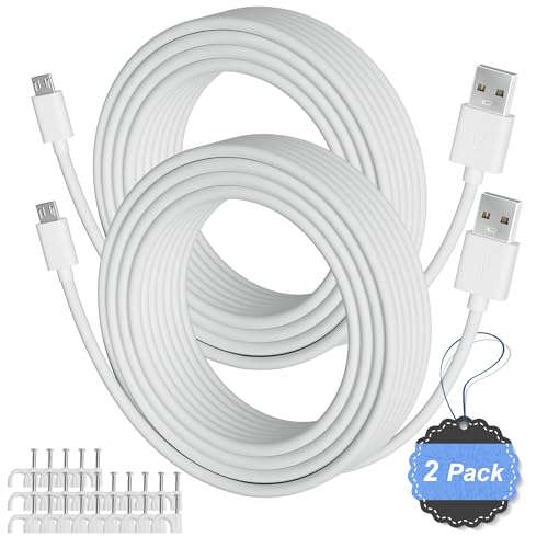 2-Pack 35FT USB to Micro USB Extension Power Cable, Long Charging Cord, 21AWG OFC, Oxygen-Free Copper, Compatible with Wyze Cam, Nest Cam, Yi Home Camera, Kasa Cam Security Camera, White