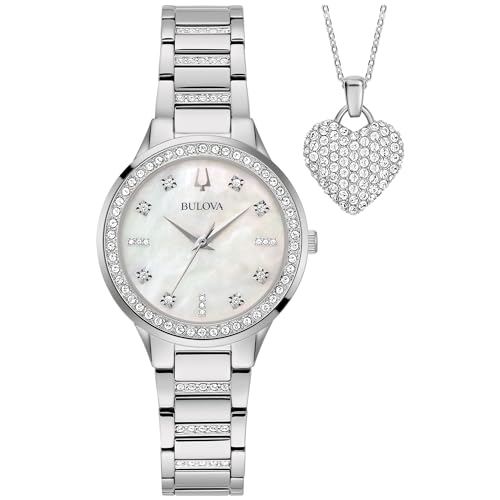 Bulova-Ladies' Crystal Stainless Steel Box Set with White Mother-of-Pearl Dial 3-Hand Quartz-Watch and Heart Crystal-Pendant-Necklace, 30mm Style: 96X162