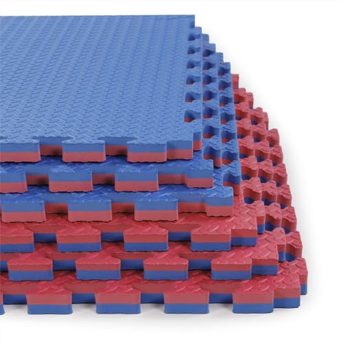 Xspec 1" Extra Thick 48 sq ft Reversible EVA Gym Foam Floor Mat Tiles (24" x 24"), Steel Pattern, 12 pcs, Blue & Red
