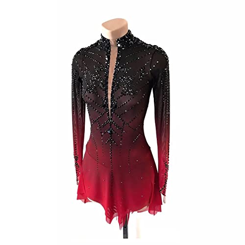 JRUIA Girls' Ice Skating Dress Black Red Halo Dyeing Professional Competition Figure Skating Wear Rhinestone Long Sleeve,Black,15_16Years