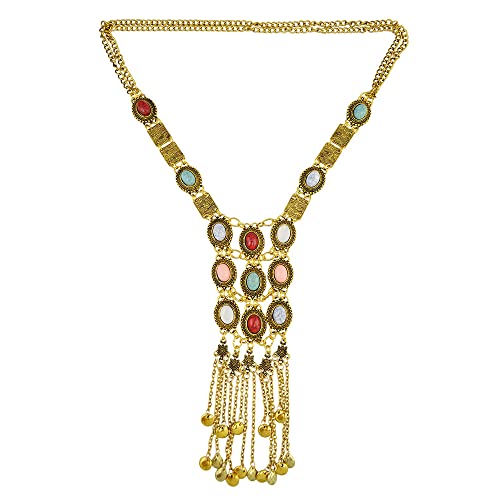 Asphire Bohemian Long Tassel Necklace Vintage Colorful Gemstone Turquoise Necklace Nepal Tibetan Ethnic Exaggerated Statement Accessories for Women (Gold)