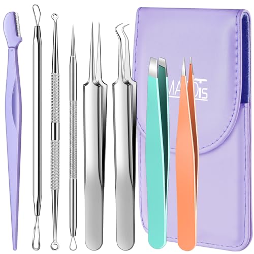 TsMADDTs Blackhead Remover Tools and Ingrown Hair Tweezers, 9PCS Pimple Popper Tool Kit, Ingrown Hair Removal Kit with Pimple Extractor, Pore Extractor, Tweezers, Razor