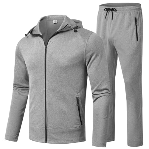 BGOWATU Men's Tracksuits Set Fall Winter Jacket Hoodie Sweatsuit Running Sport Pants Outfits for Men with Pockets Light Grey M