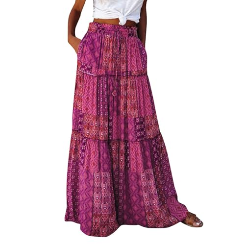 Faldas De Mujer Elegantes Womens Boho Tiered High Waist Tie Paisley Floral Print Long Maxi Skirt with Pockets Western Patterned Dresses,Purples XL
