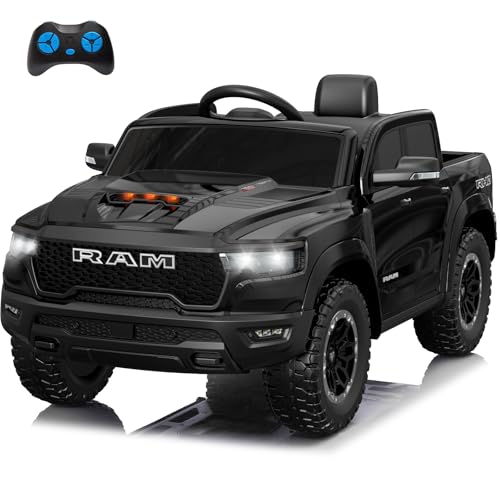 Segmart Licensed Ram 1500 Ride on Toys for Kids 4-8, Ride-on Electric Car for Kids with Remote Control, Battery Powered with Car Key/Gear Selector, LED Light/Music/MP3, Back Storage (12V, Black)