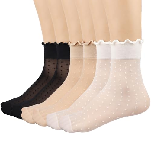 Mcool Mary 12 Pairs Women's Sheer Ruffle Socks Nude Stocking Summer Ultra Thin Cool See Through Silk Ankle Socks for Women