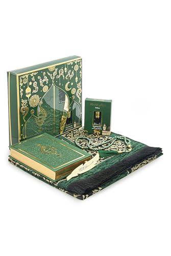 ihvan online Prayer Gift Set for Men & Women, Muslim Prayer Rug, Salah Mat, Beads Taasbih, Arabic Holy Quran, Islamic Gift Set for Ramadan & Eid, Green