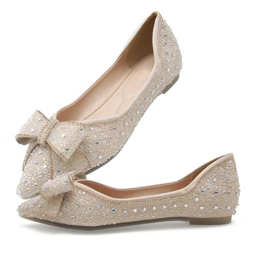 Flats Shoes Women Rhinestone Pointed Head Ballet Flats Comfortable Soft Memory Foam Insole Flat Shoes for Women Comfortable Dress Shoes 9.5 Apricot