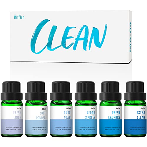 Fragrance Oil, MitFlor Clean Set of 6 Premium Scented Oils, Soap & Candle Making Scents, Refreshing Clean Essential Oils for Diffusers for Home, Cedar Cypress, Pure Soap, Fresh Linen & More, 10mlx6
