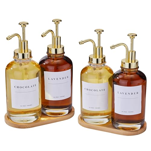 Coffee Syrup Dispenser for Coffee Bar, Coffee Syrup Pump Dispenser, Glass Syrup Bottle with Gold Upgraded Pump, 4 Pack 16.9 oz 500 ml Syrup Dispensers, 28 Labels and 2 Bamboo Tray