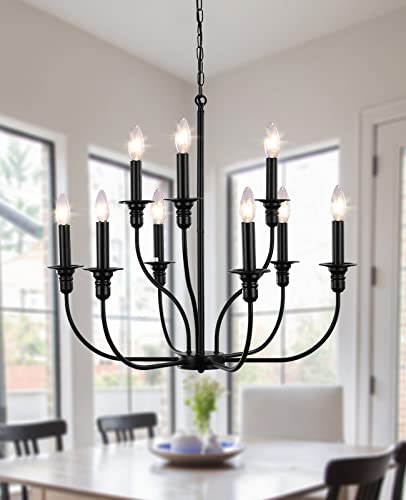 LASENCHOO 9-Light Matte Black Farmhouse Chandelier for Dining Room Light Fixture Hanging, Industrial Candle Pendant Light Rustic Chandelier for Living Room Foyer Bedroom Kitchen Island Lighting