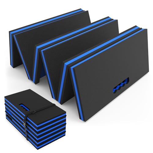 SKYJDM Thick Mechanic Mat, Foldable EVA Mat with Magnetic Tool Compartments, Waterproof Mechanic Kneeling Pad with Handle for Garage Workshop Repairing Gardening, 46.5" x 15.8" x 1.1 ", Black & Blue