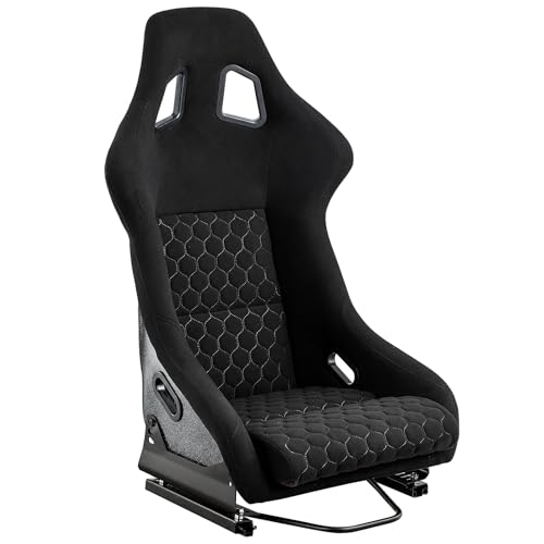 Size L Piece Of Universal Strong Fiberglass Back Racing Seat For Cars Black Fabric Cloth White Diamond Stitch With Dual Lock Sliders Bucket Seat