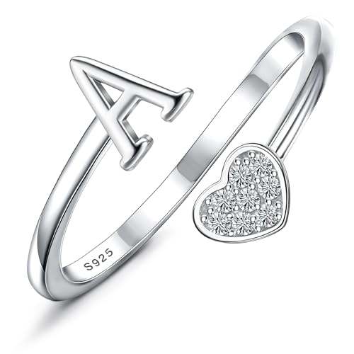 MILACOLATO 925 Sterling Silver Initial Rings for Women Teen Girl 18K Gold Plated Heart Letter Rings Adjustable Capital Letter Ring Stackable Thumb Pinky Rings for Mothers Daughter Birthday Bridesmaid Gifts Jewelry, A