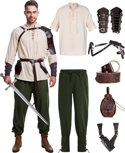 8 Pcs Men's Renaissance Costume Halloween Medieval Pirate Shirt Pant Viking Costume Accessories Set (Stylish Color, XX-Large)