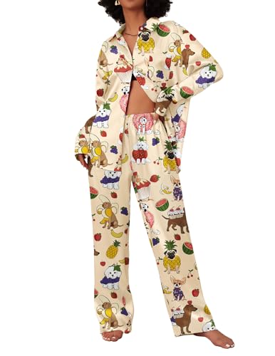 Ekouaer Womens 2 Piece Silk Satin Pajama Set Long Sleeve Lounge Sets Button Down Shirts and Pants PJs Soft Sleepwear Sets Yellow Dog XL