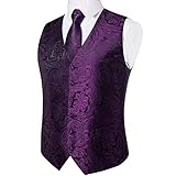 DiBanGu Mens Vest and Tie Set Formal Paisley Waistcoat and Necktie Pocket Square Cufflinks Silk Suit Vest for Tuxedo Wedding, Black Purple, XX-Large