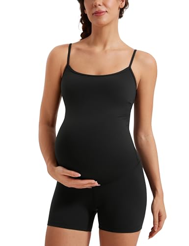 CRZ YOGA Butterluxe Maternity Workout Romper for Women Spaghetti Strap Casual Jumpsuit Shorts Pregnancy Tank Top Bodysuit Black Small