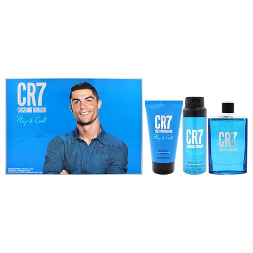 Cristiano Ronaldo CR7 Play It Cool - 3 Pc Gift Set for Men - 3.4oz Eau De Toilette Cologne, 5.1oz Shower Gel, 4.1oz Body Spray - Mandarin, Bergamot, Lavender & Musk Fragrance - Long Lasting Perfumes
