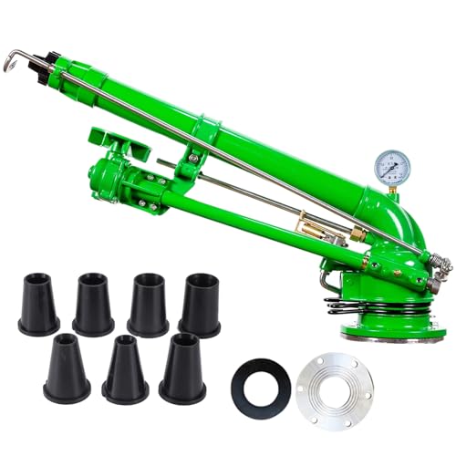 Farm Irrigation Sprinkler with Pressure Gauge, 2" Farm Irrigation Spray Gun, 360° Rotary Large Area Watering Spray, Flange Connection, for Farmland, Farm, Industrial Dust Removal