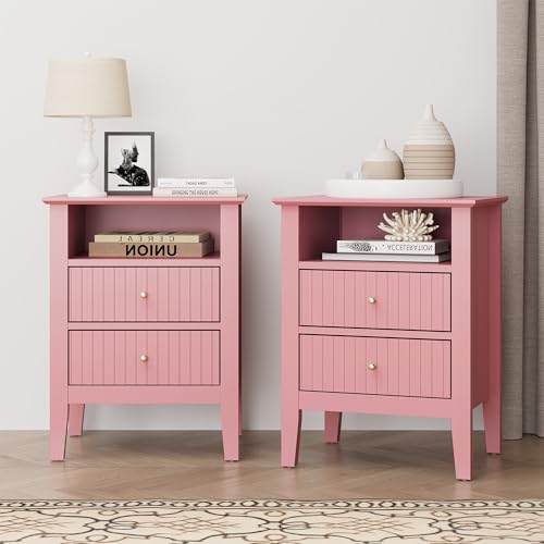 RoyalCraft Pink Fluted Nightstand Set of 2, Colorful Nightstand with 2 Drawers, Modern Wooden End Table with Storage for Small Spaces, Side Table for Bedroom, Couch, Home Office