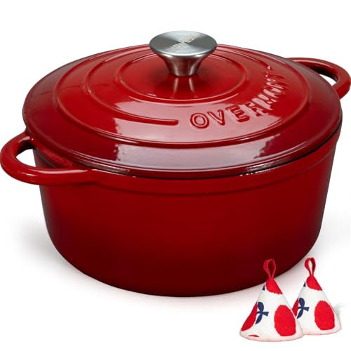 Overmont 5.5QT Enameled Cast Iron Dutch Oven with Lid Cookbook Heavy-Duty Casserole with Dual handles for Braising, Stews, Roasting, Bread Baking