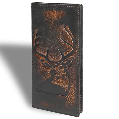 DK86 Deer Long Wallet For Men Full Grain Leather with Hand Burnished Rfid Blocking Rodeo Wallet Bifold Wallet Deer Wallet, Black and Orange