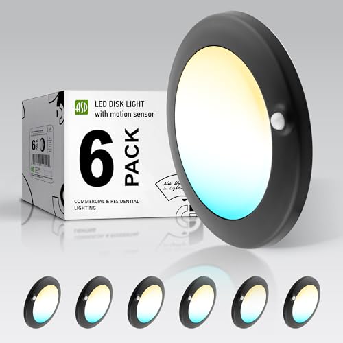 ASD 6 Pack Motion Sensor LED Disk Lights 6 Inch, 15W 5CCT 2700-5000K 1149LM CRI90+, Indoor Ceiling Flush Mount Light Fixture, Low Profile Lighting for Closet, Hallway, Pantry, Porch, Garage, Black, UL
