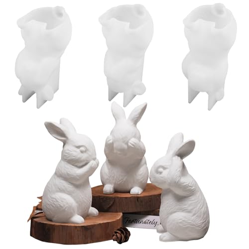 Voaesdk 3 Pcs Rabbit Resin Molds, Hear-no, Speak-no, See-no Bunny Silicone Moulds, Cute 3D Animal Silicone Molds for Epoxy Resin Crafts, Soap, Clay, Candle Making, Home Office Cabinet Desktop Decor