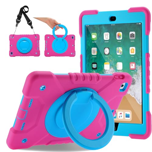 Andnary Case for iPad 6th/5th Generation 9.7 inch 2018/2017 Case, iPad Air 2/Pro 9.7 inch Heavy Duty Protective Cover with Pencil Holder, Shoulder Strap, 360 Rotate Handle Stand, Pink+Blue