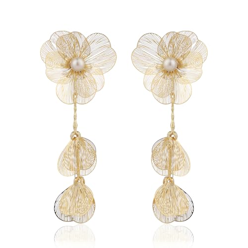 Chunky Gold Flower Earrings for Women Statement 14K Gold Plated Flower Dangle Earrings Boho Yellow Big Chunky Pearl Filigree Floral Earring Lightweight Prom Jewelry Christmas Gifts Trendy Stuff