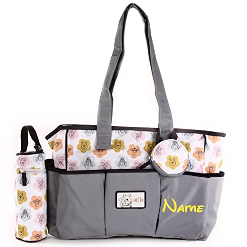 KishKesh Personalized Disney Winnie the Pooh Diaper Bag – Large Capacity Tote Style – Costumizable Name & Text for Baby Girl & Boy - 4pc Set