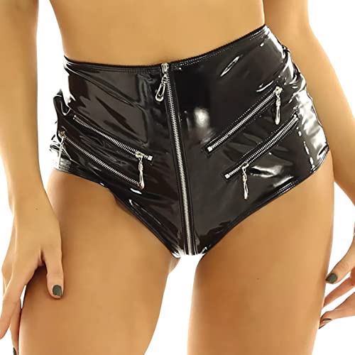 Women Crotch Zipper Faux Leather High Waisted Booty Shorts Shiny Metallic PVC Shorts Mini Hot Pants Brief Style Bottoms for Pole Dance Stripper