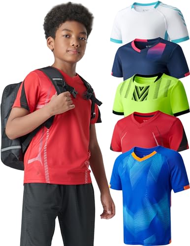 5 Pack Boys Athletic Shirts, Youth Activewear Dry Fit Tshirts for Kids, Short Sleeve Tees, Bulk Athletic Performance Clothing (Set 4, Medium)