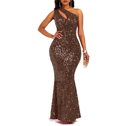 VERWIN Sequins Fashion Sleeveless Oblique Collar Mermaid Women's Maxi Dress Bodycon Dress Party Dress M Brown