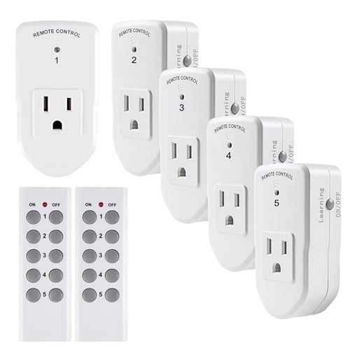 BN-LINK Wireless Remote Control Electrical Outlet Switch for Lights, Fans, Christmas Lights, Small Appliance, Long Range White (Learning Code, 5Rx-2Tx) 1200W/10A