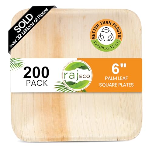 Raj Palm Leaf Plates [200-Pack] 6" Square Plates like Bamboo plates Disposable, Strong, Decorative Compostable Tableware for wedding, Lunch, Dinner, Birthday, Camping, Outdoor BBQ, Picnic