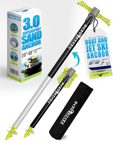 SandShark Patent Pending Supersport 3.0 Boat Anchor - Shallow Water Anchor Pole - Great Jet Ski Anchor, PWC Anchor, Pontoon Boat Accessories for Beach and Sandbar - Adjusts 29"-48" w/Case