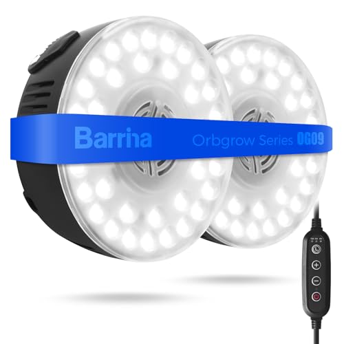 Barrina Orbgrow OG09 Puck Grow Light, 5000K 18W(2 x 9W, 270 Watt Equiv), Full Spectrum Plant Light for Indoor Plants, Magnetic & Linkable with Timer, 5 Levels Dimmable for Plant Shelf, 2 Packs, Black