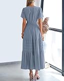 BTFBM Womens Summer 2025 Casual Midi Maxi Dresses Lightweight Short Sleeve V Neck Elastic Waist Boho Beach Dress Pockets(Blue Grey, Medium)