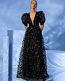 Women's Floral Tulle A Line Puffy Sleeve Prom Dresses Elegant V Neck Formal Evening Party Gowns Black