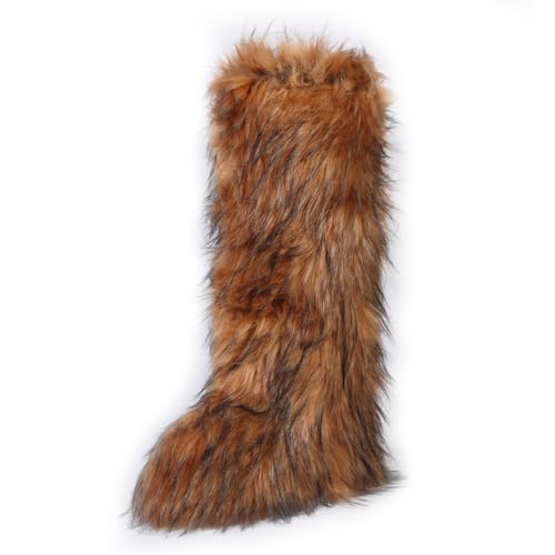 YXCFEWD Faux Fur Boots for Women Winter Knee High Furry Boots Fuzzy Fluffy for Girls Flat Snow Long Boots(Brown, 8)